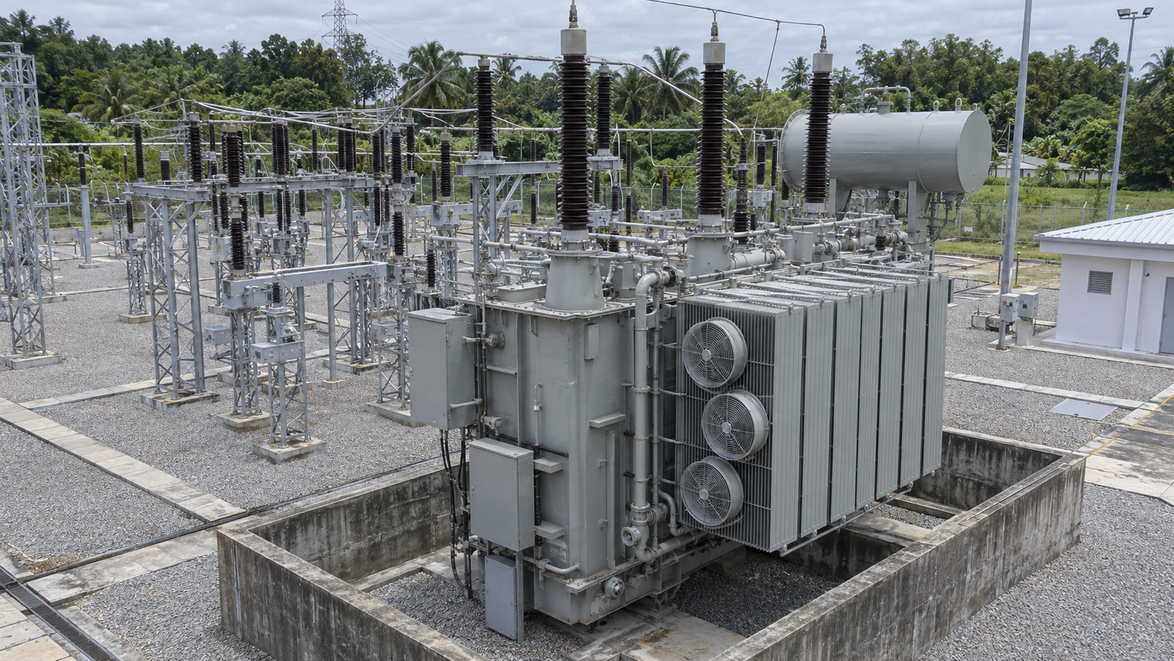 Simulated fixed camera view of an outdoor power transformer